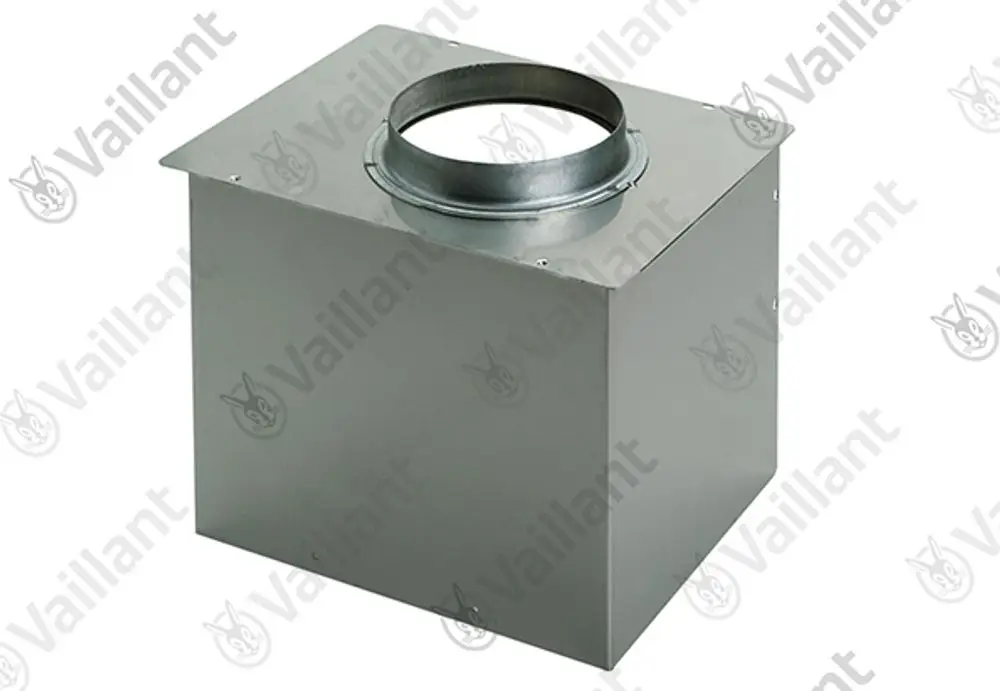 Vaillant Strömungssicherung in rechteckiger Form mit runder Anschlussöffnung oben, aus Metall gefertigt.